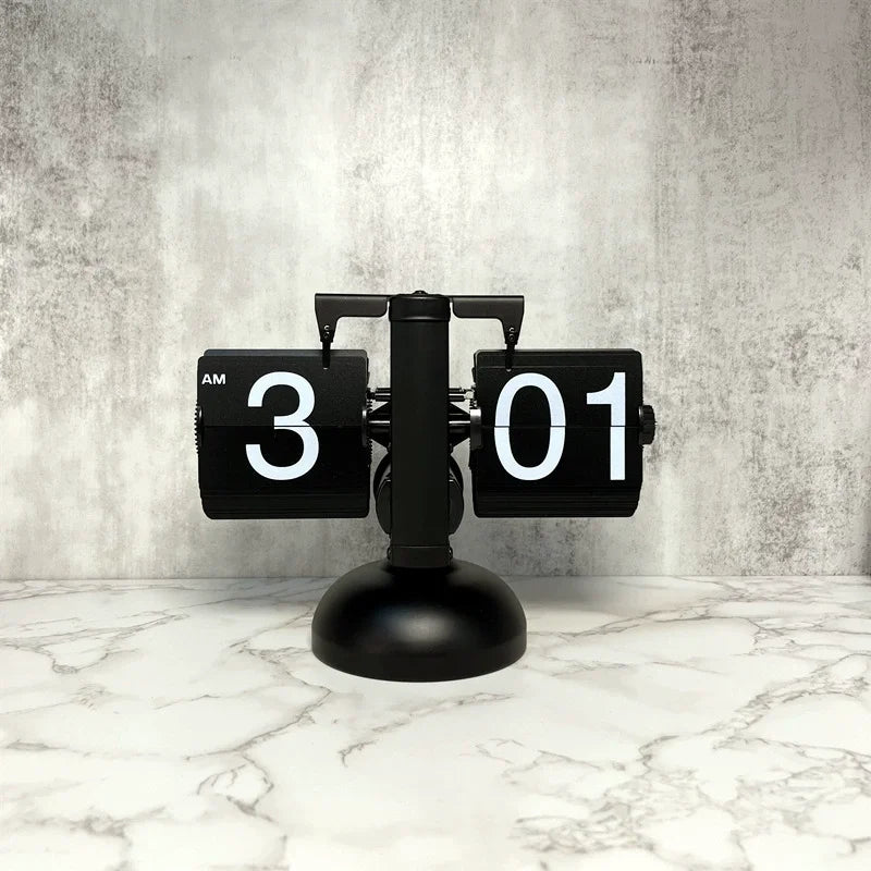 Retro Minimalist Flip Clock Stainless Steel Flip Internal Gear Quartz Clock Black/White Home Small Desktop Clock Digital Bedroom